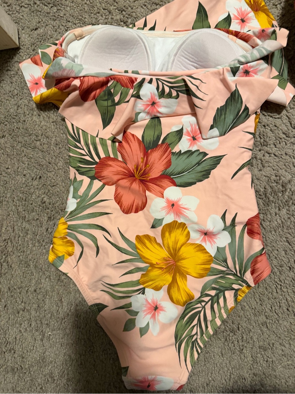 Kona Sol Peach Floral Ruffle One-Piece Swimsuit with Yellow Blooms - Picture 3 of 3